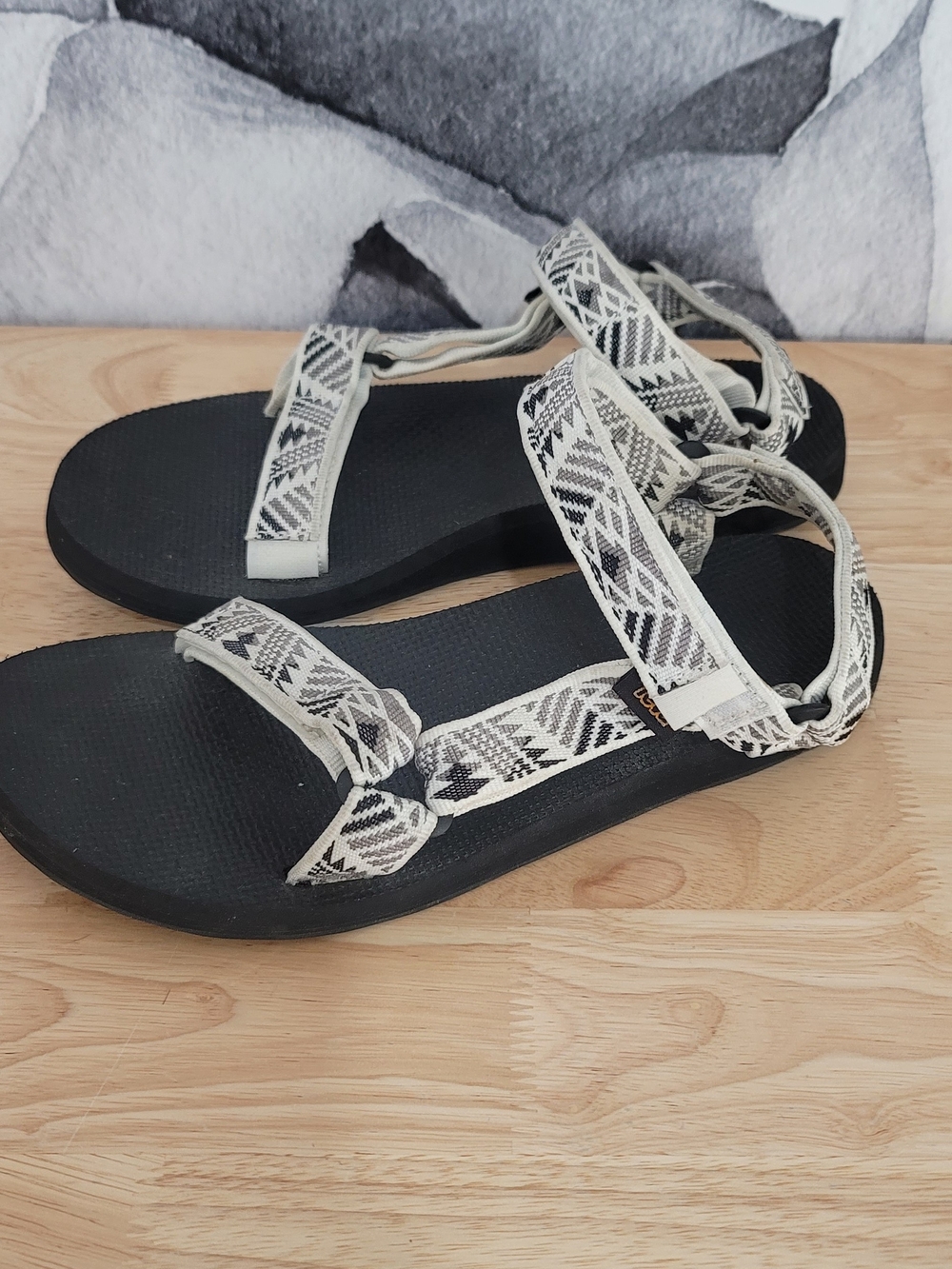 Teva Women's Black Footbed Sandals with Cream Patterned Straps